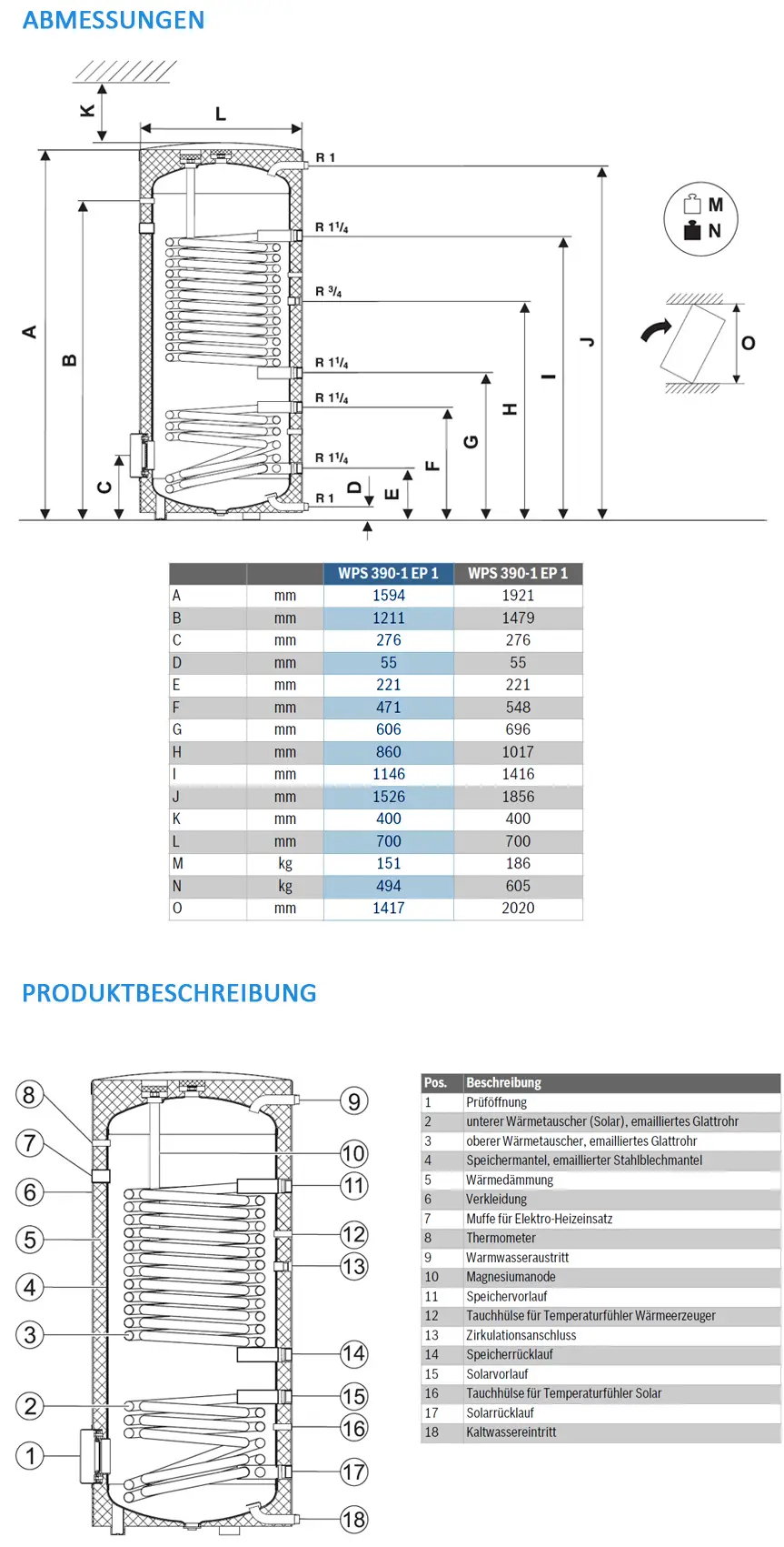 Vertikaler Wärmepumpenspeicher von Bosch mit verschiedenen Anschlüssen und Abmessungen. Technische Details und Komponenten sind schematisch dargestellt.